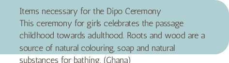 Items necessary for the Dipo Ceremony This ceremony for girls celebrates the passage childhood towards adulthood. Roots and wood are a source of natural colouring, soap and natural substances for bathing. (Ghana)